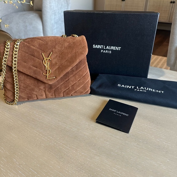 Saint Laurent Tan Suede Shoulder Bag with Gold Chain - Picture 1 of 3